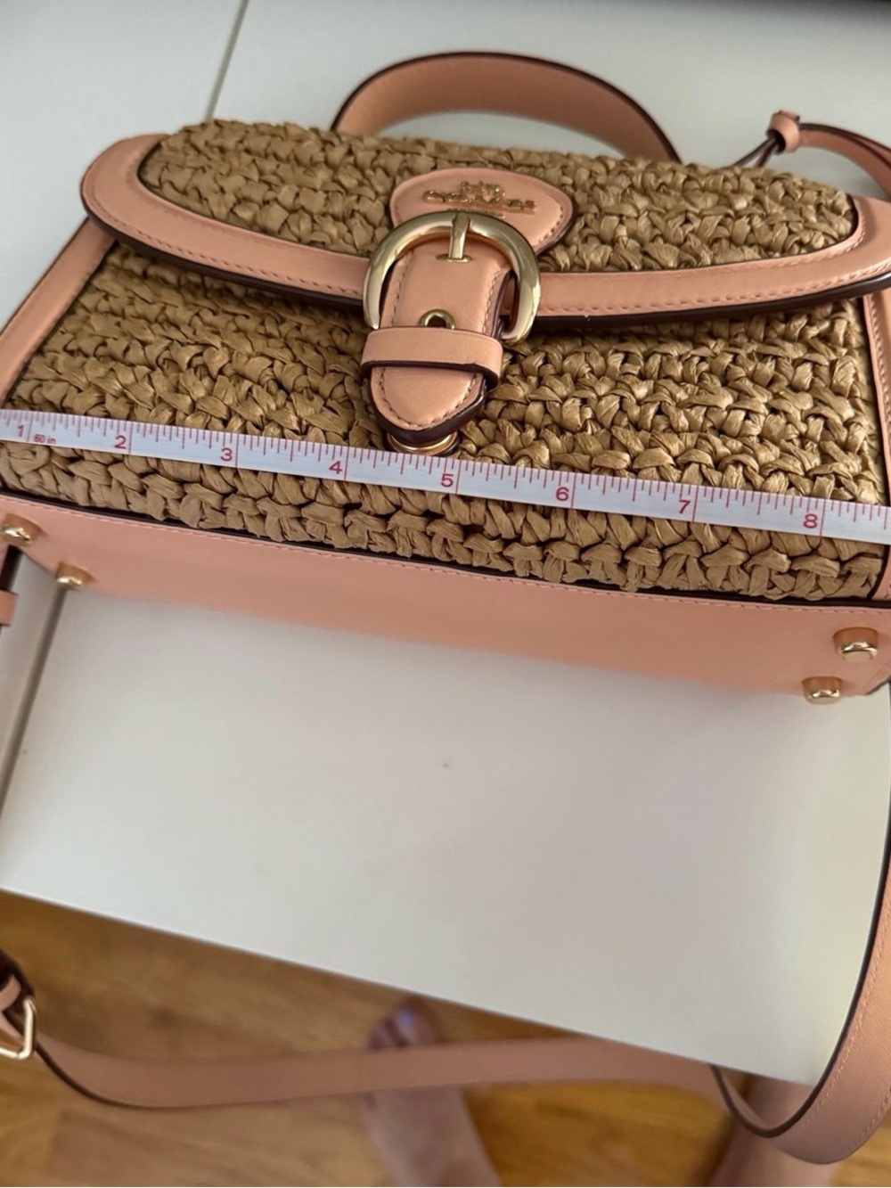 Coach Woven Straw Crossbody with Pink Leather Trim and Gold Buckle - Picture 5 of 7